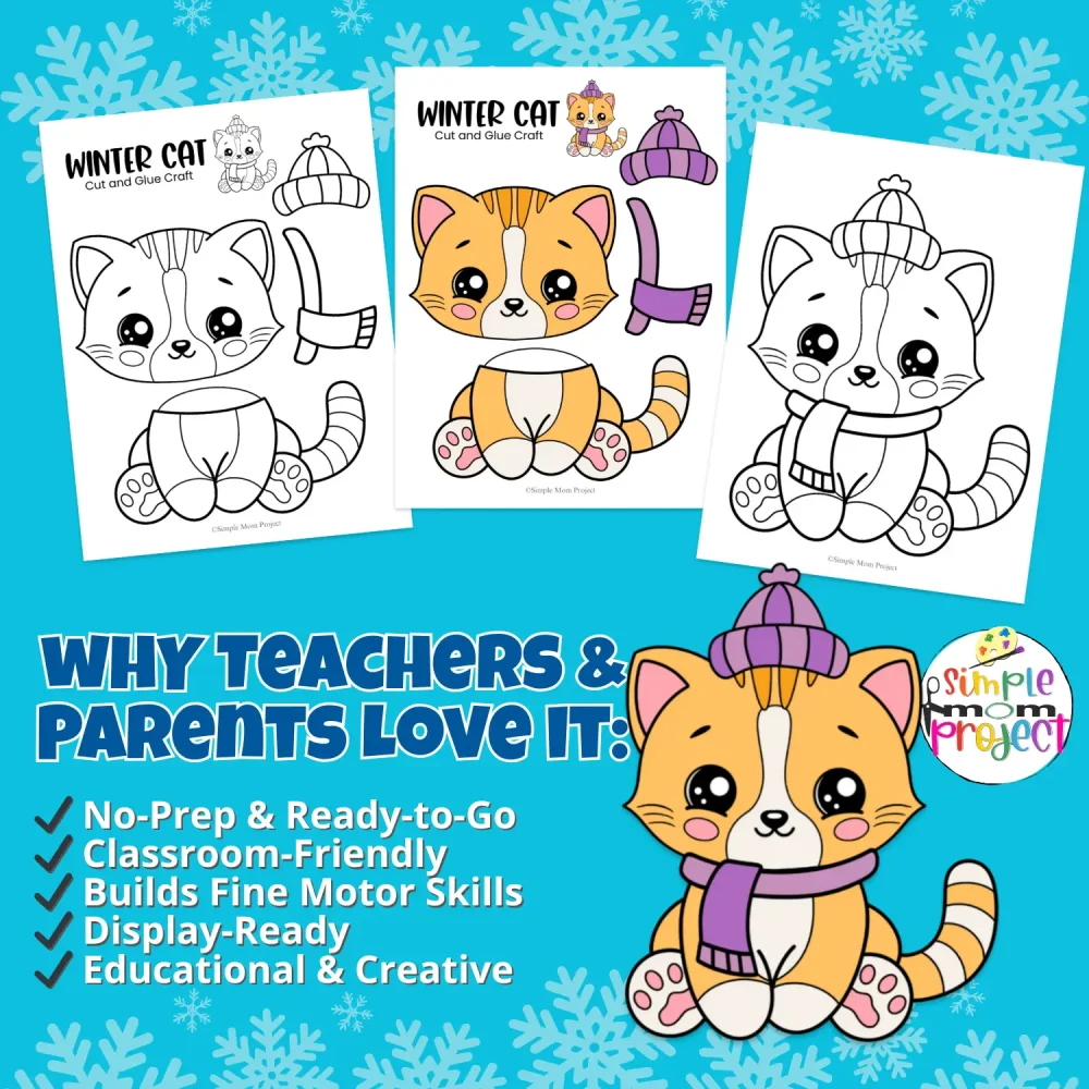 Printable Winter Cat Craft for kids! This cut and glue activity is a fun way to practice scissor skills and creativity. Great for winter crafts, homeschool, preschool, and classroom centers.