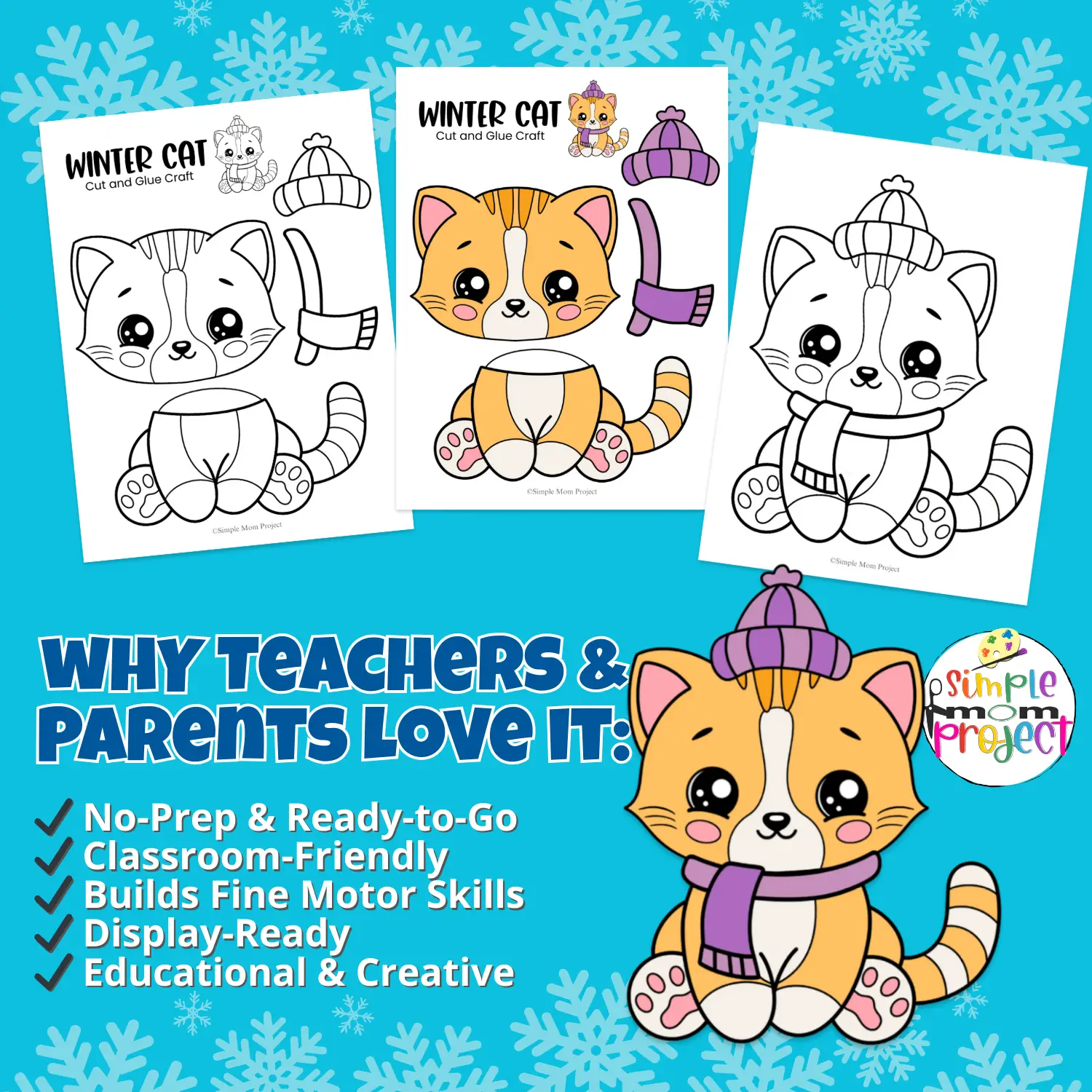 Printable Winter Cat Craft for kids! This cut and glue activity is a fun way to practice scissor skills and creativity. Great for winter crafts, homeschool, preschool, and classroom centers.