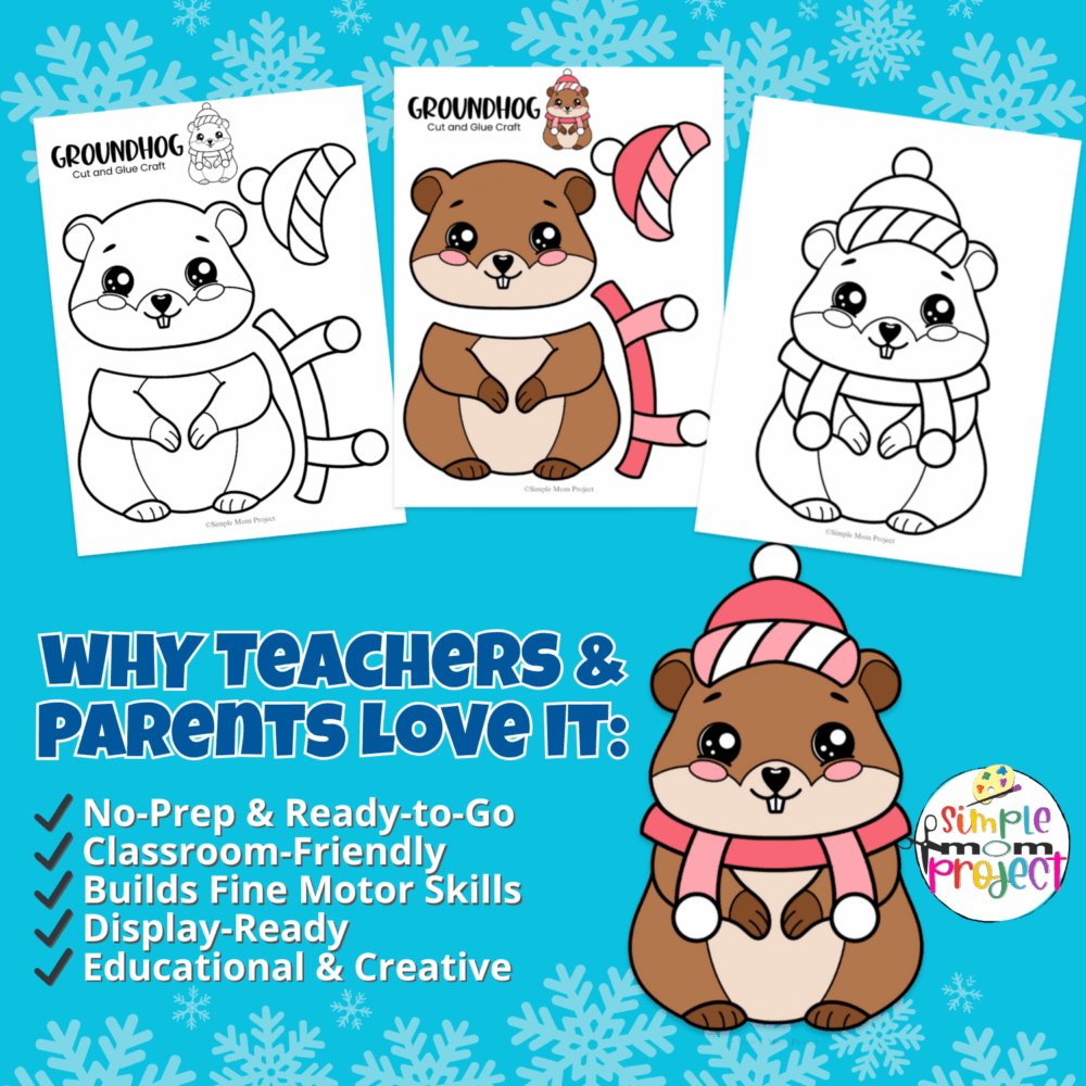 Keep kids busy with this adorable groundhog craft template. Perfect for fine motor skill practice, bulletin boards, and Groundhog fun.