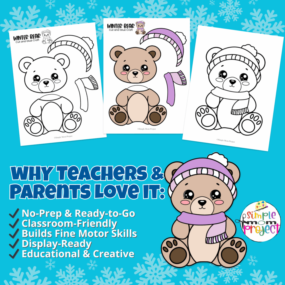 🐾 Add creativity to your winter theme with this Winter Bear Printable Craft! It’s an adorable cut and paste bear activity that pairs perfectly with winter crafts for preschoolers, kindergarten winter activities, and printable winter animals for classroom displays or bulletin boards.