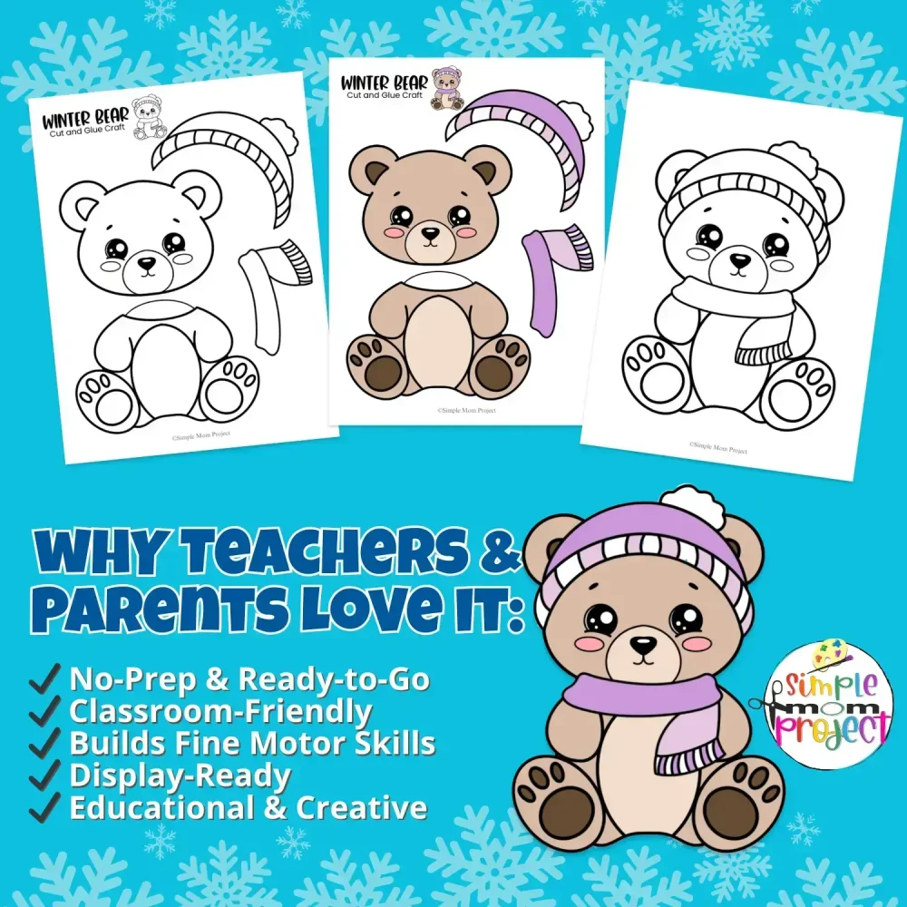 ? Add creativity to your winter theme with this Winter Bear Printable Craft! It’s an adorable cut and paste bear activity that pairs perfectly with winter crafts for preschoolers, kindergarten winter activities, and printable winter animals for classroom displays or bulletin boards.
