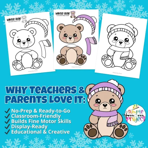 ? Add creativity to your winter theme with this Winter Bear Printable Craft! It’s an adorable cut and paste bear activity that pairs perfectly with winter crafts for preschoolers, kindergarten winter activities, and printable winter animals for classroom displays or bulletin boards.