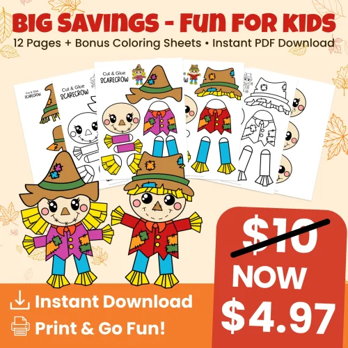 Celebrate autumn with this scarecrow craft printable! Great for fine motor practice, classroom fall centers, or a rainy day at home. Includes 12 pages + bonus coloring sheets. Instant download! 🍂🖍️✨