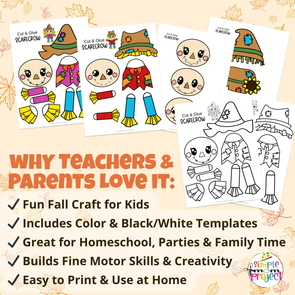 Add seasonal fun to your homeschool with this printable scarecrow craft! Easy for kids to cut, paste, and color. Includes color + B/W pages, and extra coloring sheets. Perfect for fall lessons! ✂️📚🎉