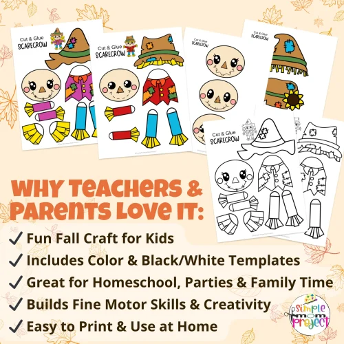 Add seasonal fun to your homeschool with this printable scarecrow craft! Easy for kids to cut, paste, and color. Includes color + B/W pages, and extra coloring sheets. Perfect for fall lessons! ✂️📚🎉