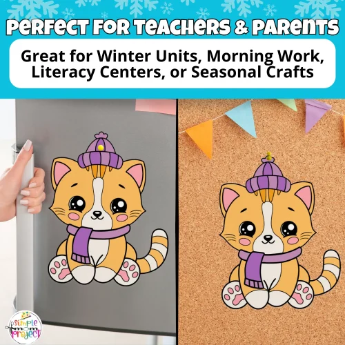 Winter Cat Craft printable for kids! A hands-on cut and glue project that builds fine motor skills. Perfect for winter crafts, preschool, kindergarten, or fun indoor activities.