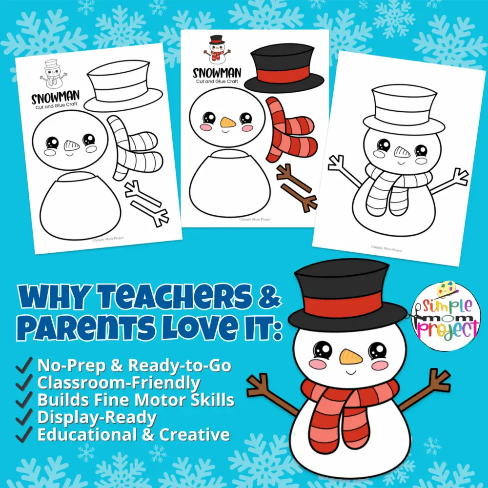Fun & easy snowman cut and paste activity ✂️. Perfect for classrooms, homeschool, and family craft time. Includes B/W & color versions! ?️