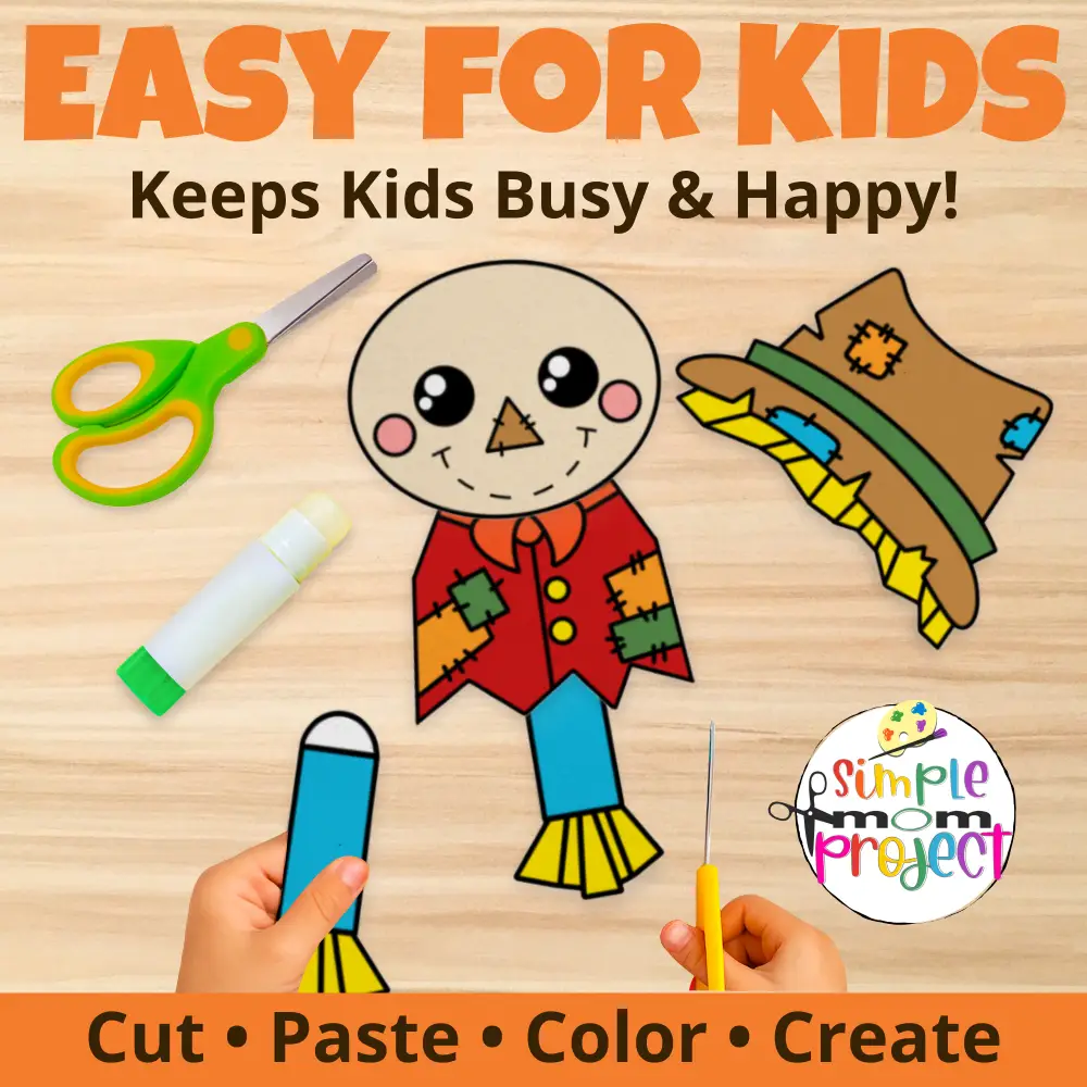 Keep kids busy with this adorable fall craft! Print, cut, and glue your own scarecrow friend. Great for classrooms, homeschool, or family fun. Includes 12 pages + bonus coloring sheets! 🍁✂️😀