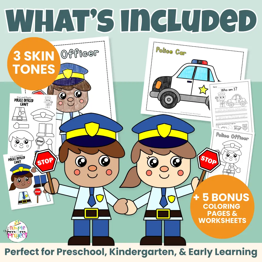 Looking for a low-prep community helper police officer craft? This printable cut & paste activity helps kids build scissor skills, early writing, and vocabulary. Includes male & female characters, inclusive skin tones, and bonus worksheets teachers love. Just print and go!