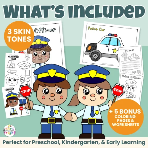 Looking for a low-prep community helper police officer craft? This printable cut & paste activity helps kids build scissor skills, early writing, and vocabulary. Includes male & female characters, inclusive skin tones, and bonus worksheets teachers love. Just print and go!