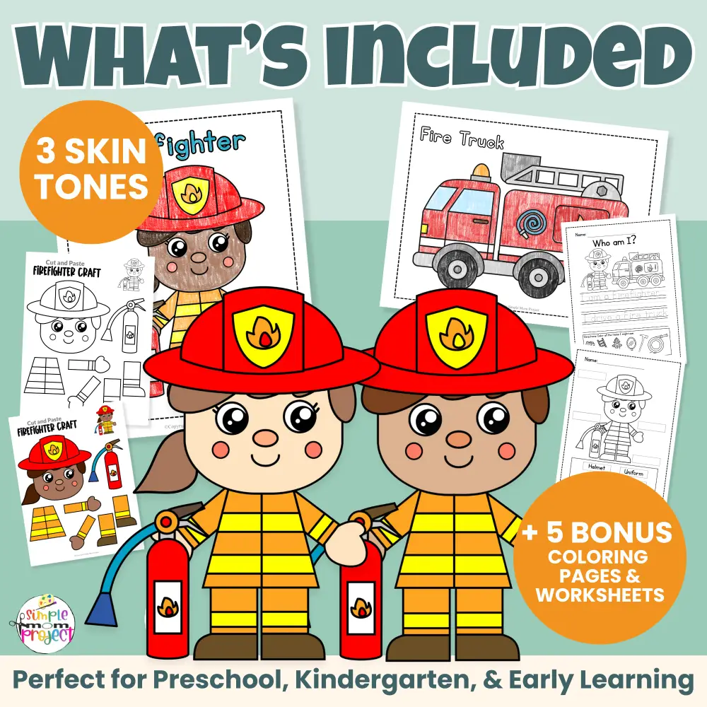 Looking for an easy community helper firefighter craft? This printable cut & paste activity helps kids practice cutting, gluing, early writing, and vocabulary. Includes male & female options, inclusive skin tones, and bonus worksheets teachers love. Ideal for classrooms and homeschool learning.