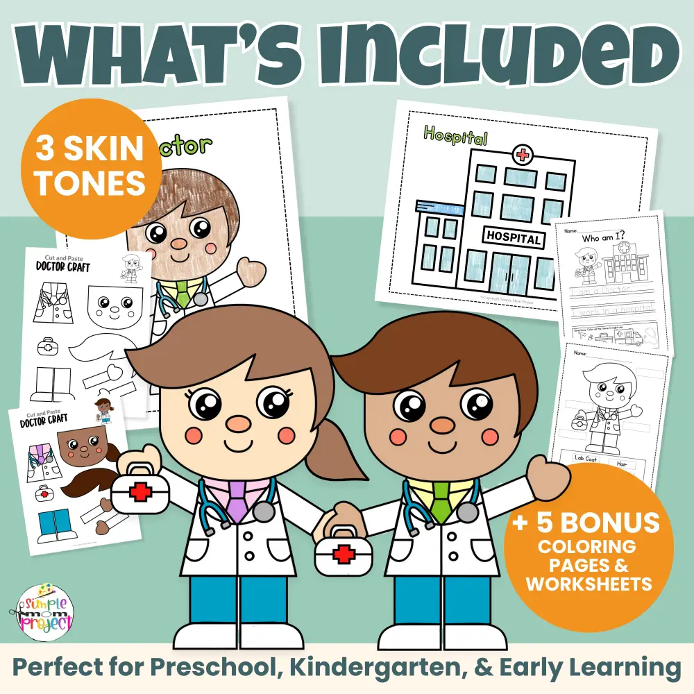 Looking for a low-prep community helper doctor craft? This printable cut & paste activity helps kids build scissor skills, early writing, and vocabulary. Includes male & female doctor options, inclusive skin tones, and bonus worksheets teachers love. Just print and go!