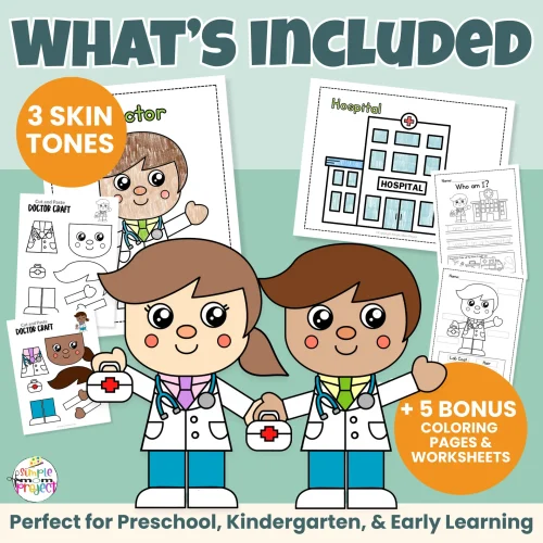 Looking for a low-prep community helper doctor craft? This printable cut & paste activity helps kids build scissor skills, early writing, and vocabulary. Includes male & female doctor options, inclusive skin tones, and bonus worksheets teachers love. Just print and go!