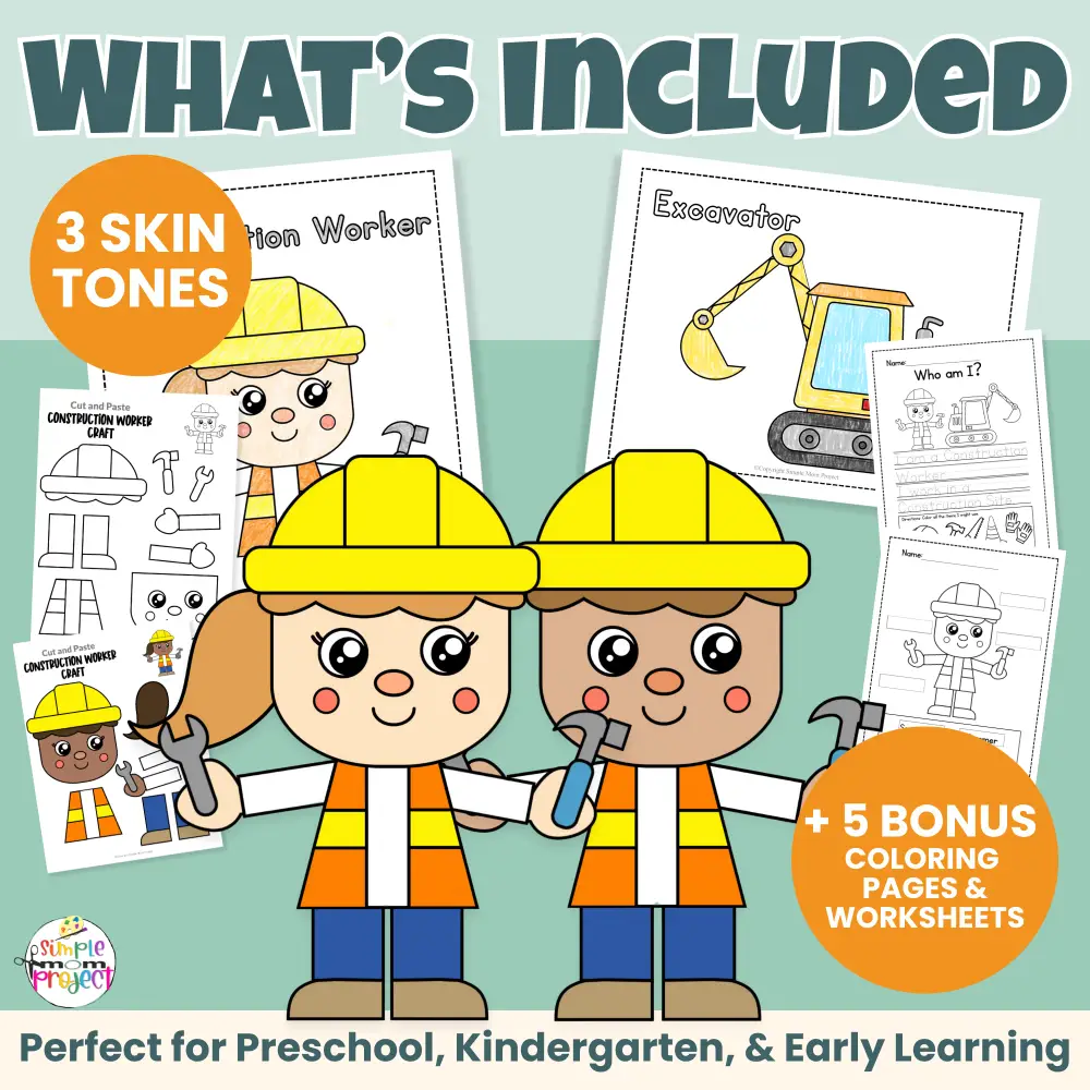 Looking for a low-prep community helper construction worker craft? This printable cut & paste activity helps kids build scissor skills, early writing, and vocabulary. Includes male & female options, inclusive skin tones, and bonus worksheets teachers love. Just print and go!