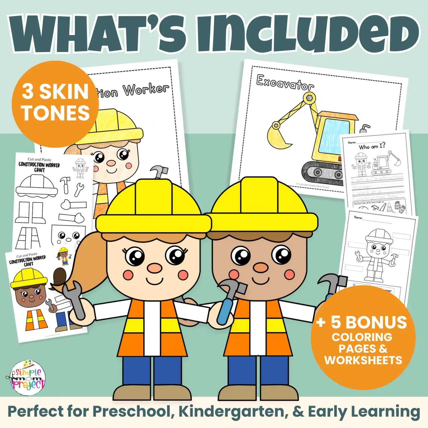 Looking for a low-prep community helper construction worker craft? This printable cut & paste activity helps kids build scissor skills, early writing, and vocabulary. Includes male & female options, inclusive skin tones, and bonus worksheets teachers love. Just print and go!
