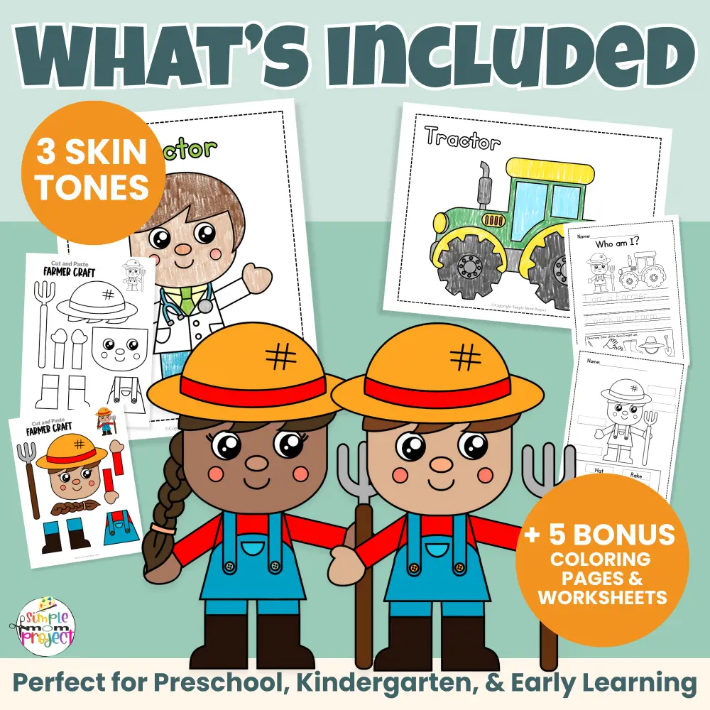 Looking for a low-prep community helper farmer craft? This printable cut & paste activity helps kids build scissor skills, early writing, and vocabulary. Includes male & female options, inclusive skin tones, and bonus worksheets teachers love. Just print and go!