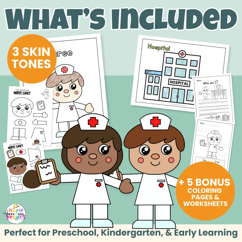 Looking for a low-prep community helper nurse craft? This printable cut & paste activity helps kids build scissor skills, early writing, and vocabulary. Includes male & female options, inclusive skin tones, and bonus worksheets teachers love. Just print and go!