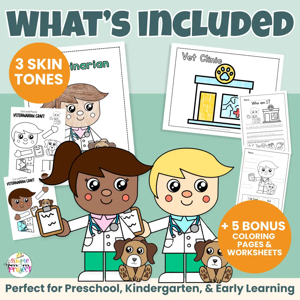 This veterinarian cut & paste activity helps young learners build fine motor skills while learning about community helpers. A great print-and-go craft for preschool, kindergarten, homeschool, and classroom centers.