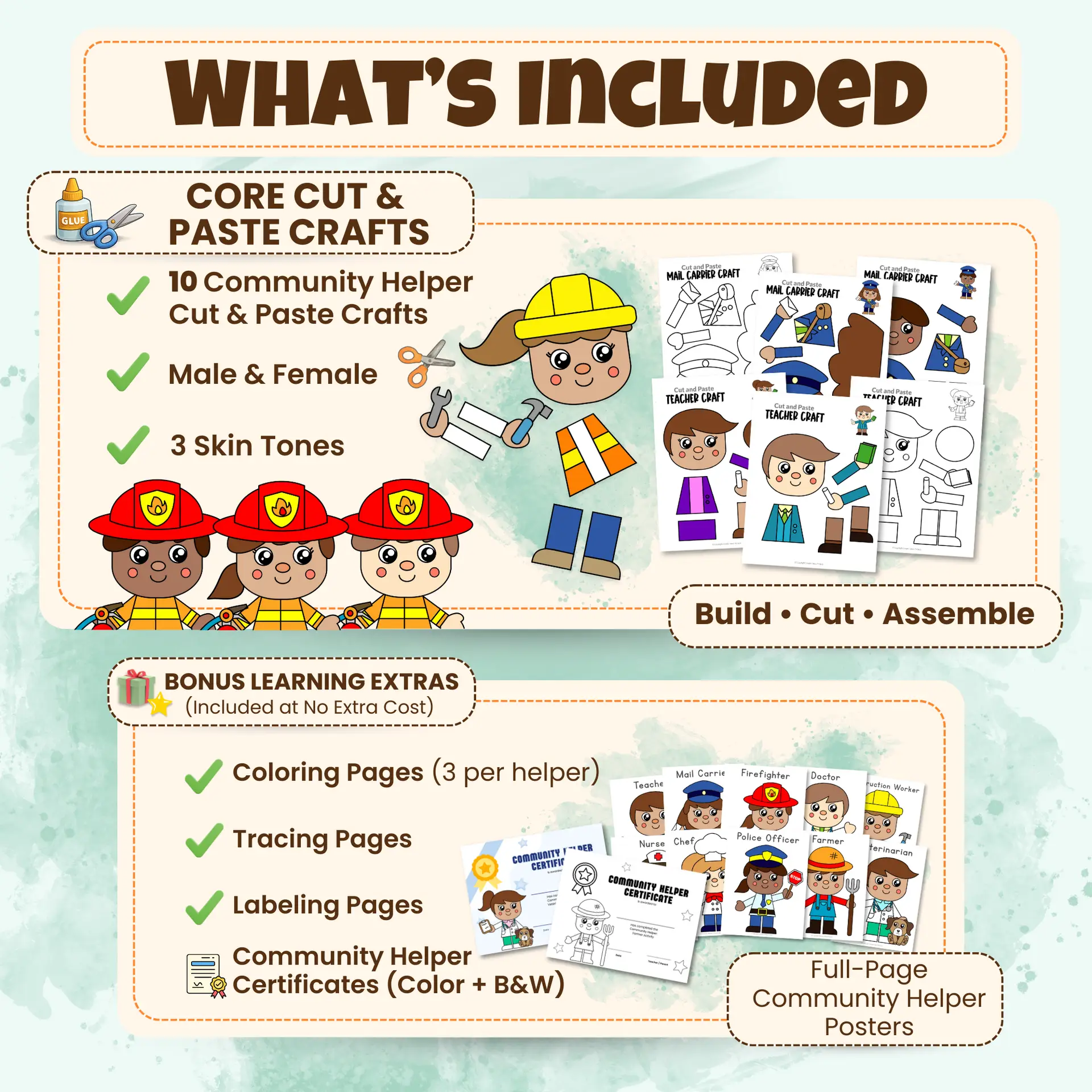 Looking for easy community helper activities? This cut & paste bundle includes crafts, coloring pages, tracing, labeling, certificates, and posters. Low prep and print-and-go.