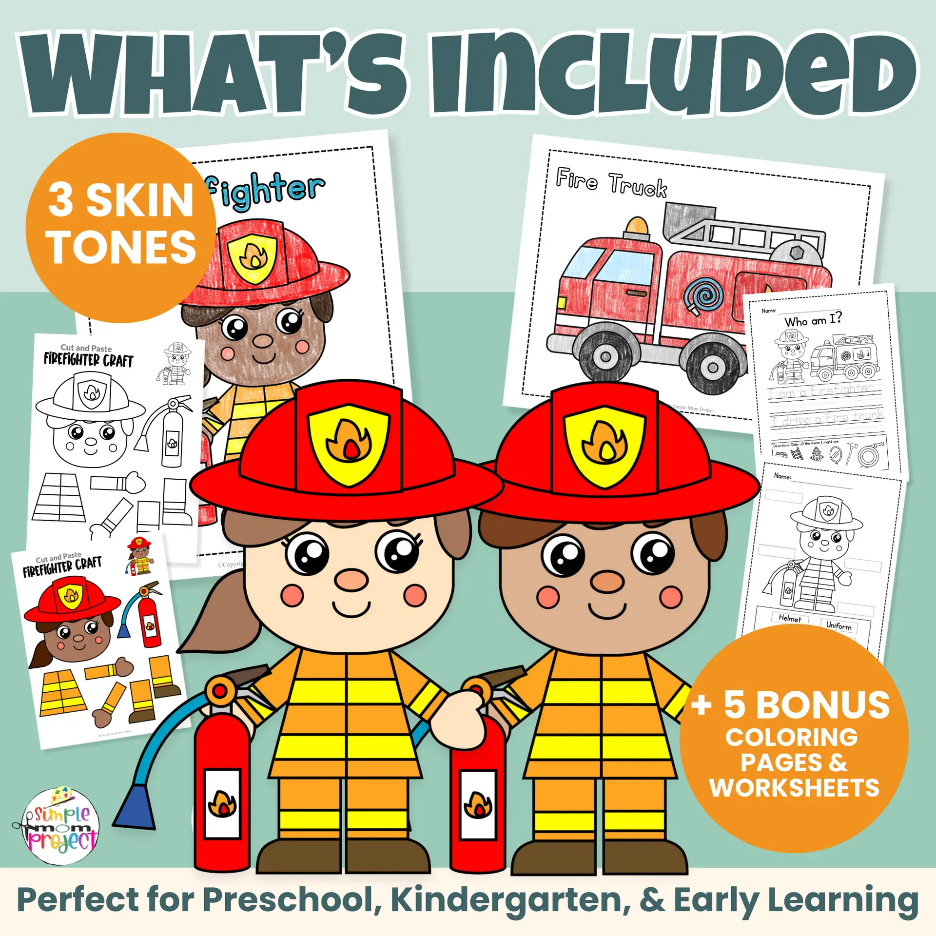 Looking for an easy community helper firefighter craft? This printable cut & paste activity helps kids practice cutting, gluing, early writing, and vocabulary. Includes male & female options, inclusive skin tones, and bonus worksheets teachers love. Ideal for classrooms and homeschool learning.