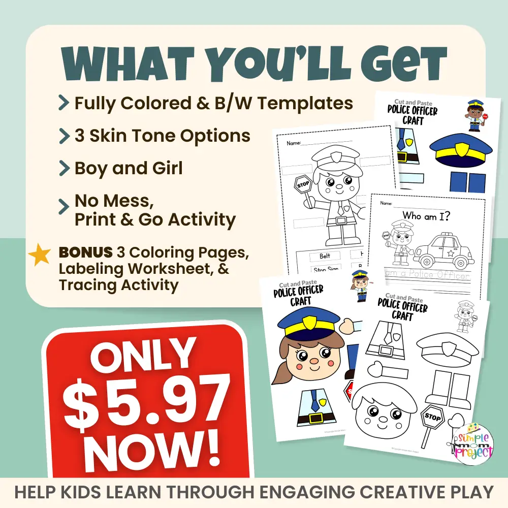 This police officer craft for kids is ideal for preschool, kindergarten, and early elementary learners. Kids assemble a police officer while strengthening fine motor skills. Includes FREE bonus tracing worksheet, labeling activity, and coloring pages for extra learning fun.