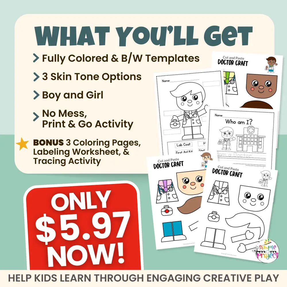 This doctor craft printable keeps kids engaged while supporting early learning skills. Cut, paste, trace, and label activities help build confidence and creativity. Includes inclusive character options and FREE bonus activities.