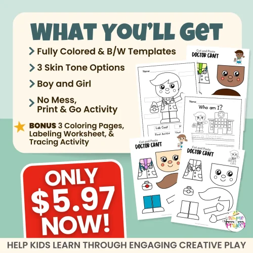 This doctor craft printable keeps kids engaged while supporting early learning skills. Cut, paste, trace, and label activities help build confidence and creativity. Includes inclusive character options and FREE bonus activities.