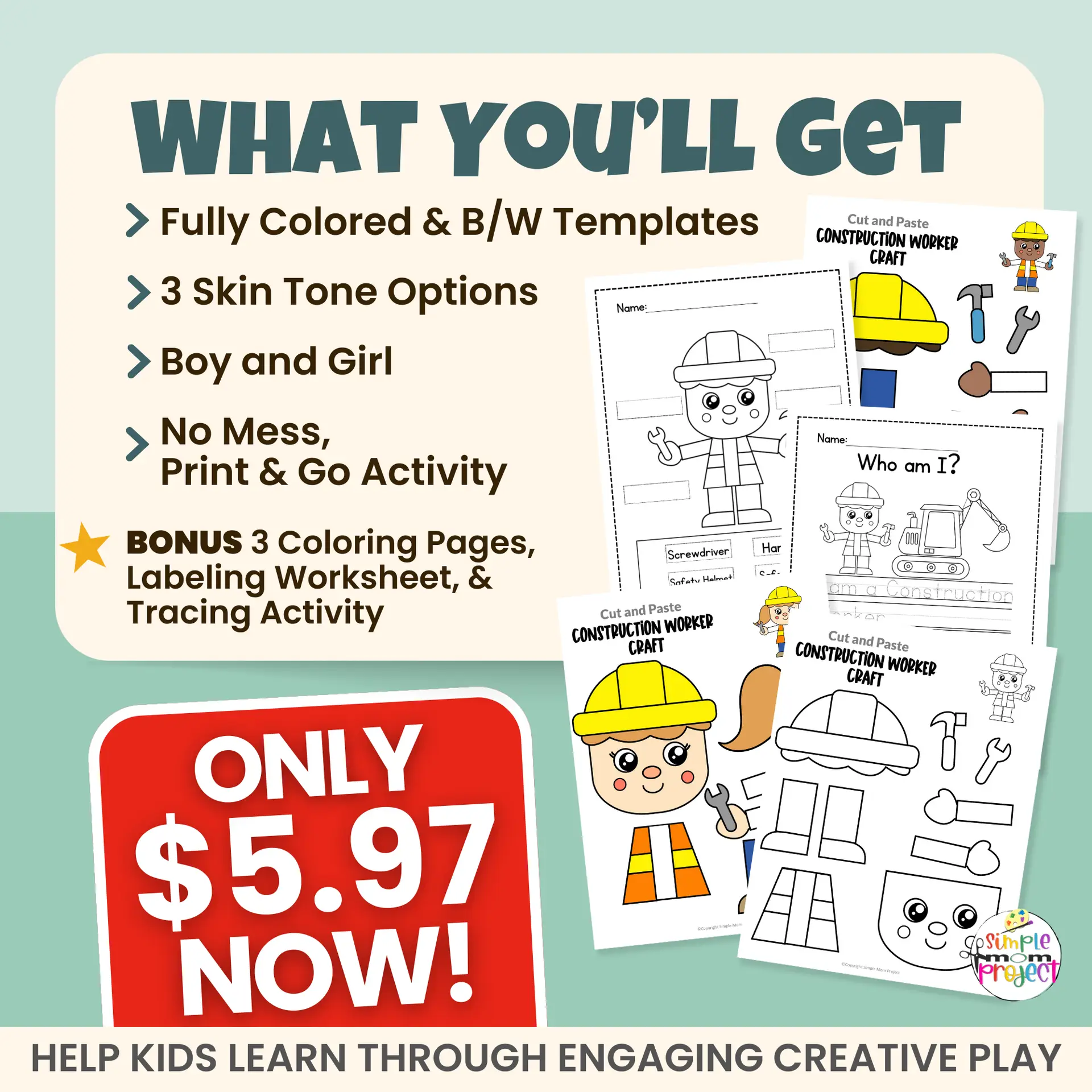 This construction worker craft for kids is ideal for preschool, kindergarten, and early elementary learners. Children assemble a construction worker while strengthening fine motor skills. Includes FREE bonus tracing worksheet, labeling activity, and coloring pages for extended learning.