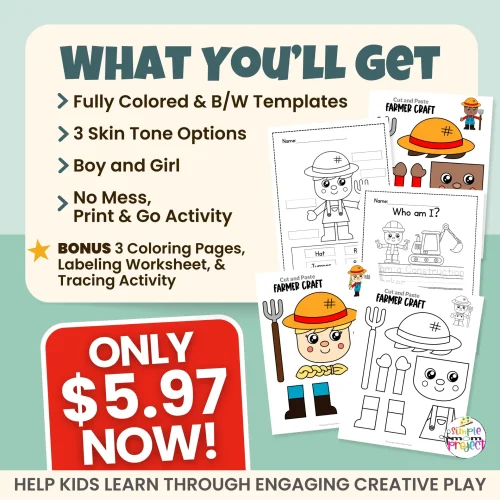 This farmer craft for kids is ideal for preschool, kindergarten, and early elementary learners. Children assemble a farmer while strengthening fine motor skills. Includes FREE bonus tracing worksheet, labeling activity, and coloring pages for extended learning.