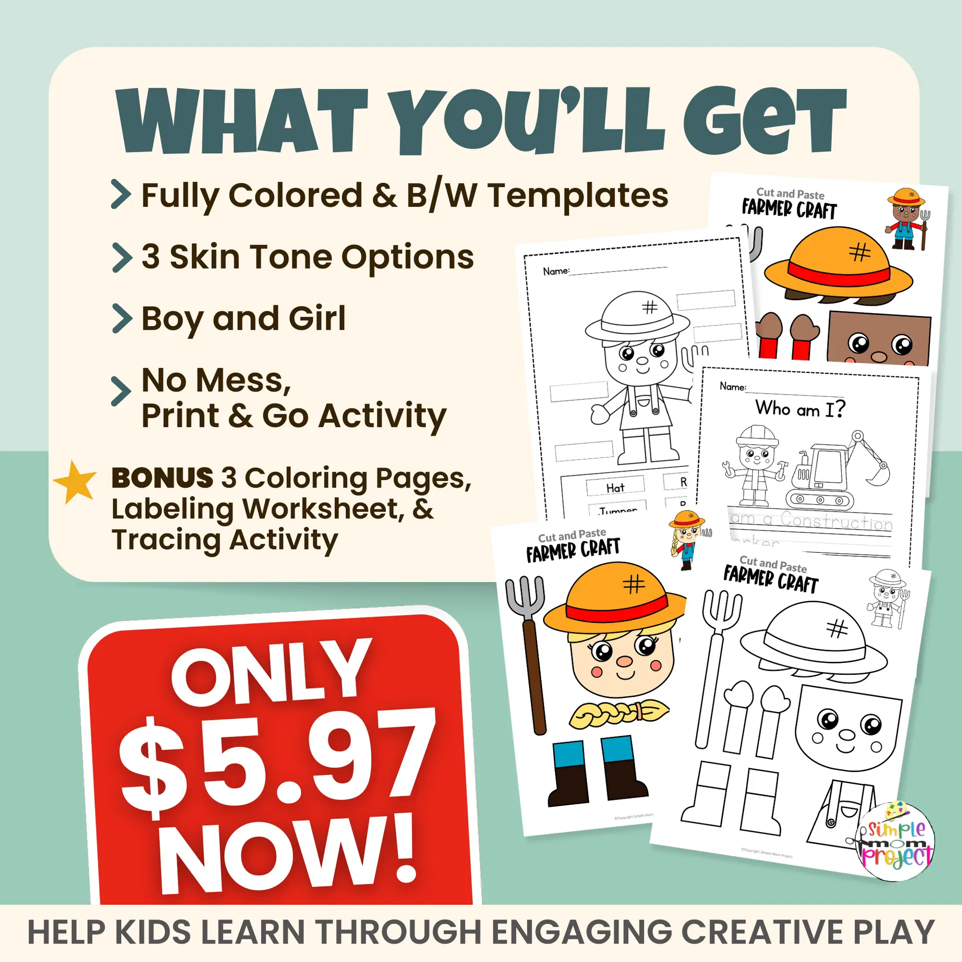 This farmer craft for kids is ideal for preschool, kindergarten, and early elementary learners. Children assemble a farmer while strengthening fine motor skills. Includes FREE bonus tracing worksheet, labeling activity, and coloring pages for extended learning.