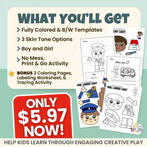 Looking for a low-prep community helper mail carrier craft? This printable cut & paste activity helps kids build scissor skills, early writing, and vocabulary. Includes male & female options, inclusive skin tones, and bonus worksheets teachers love. Just print and go!