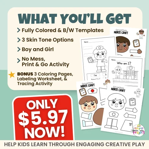 This nurse craft for kids is ideal for preschool, kindergarten, and early elementary learners. Children assemble a nurse while strengthening fine motor skills. Includes FREE bonus tracing worksheet, labeling activity, and coloring pages for extended learning.