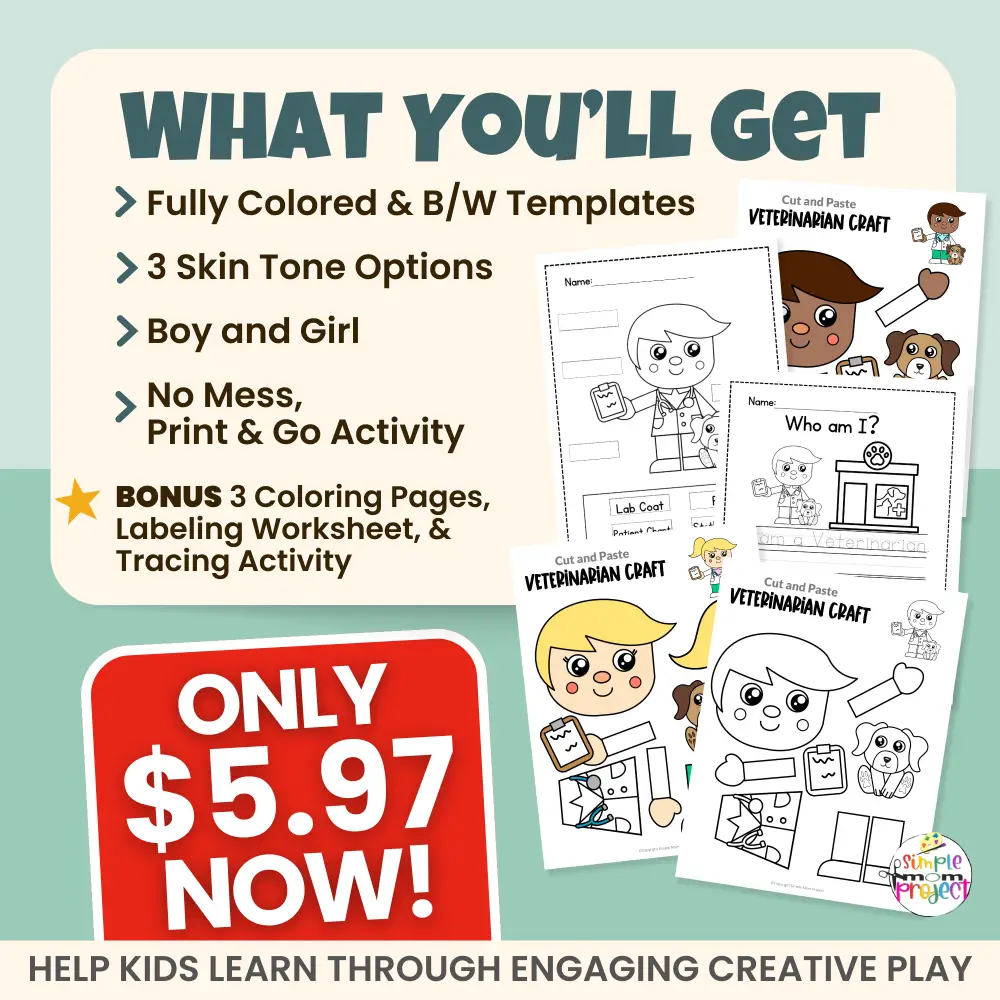 Kids will love creating their own veterinarian with this cut & paste craft. Designed for preschool and kindergarten, this printable activity supports fine motor development and fits perfectly into community helper lessons and centers.
