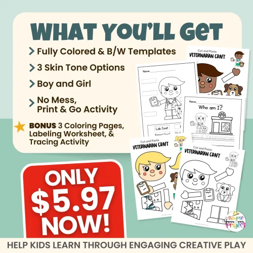 Kids will love creating their own veterinarian with this cut & paste craft. Designed for preschool and kindergarten, this printable activity supports fine motor development and fits perfectly into community helper lessons and centers.
