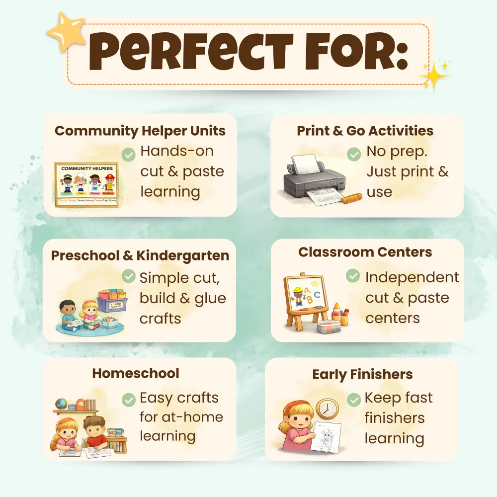 Teach community helpers with hands-on cut & paste crafts kids love. This printable mega bundle is perfect for preschool, kindergarten, homeschool, and classroom centers.