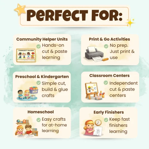 Teach community helpers with hands-on cut & paste crafts kids love. This printable mega bundle is perfect for preschool, kindergarten, homeschool, and classroom centers.