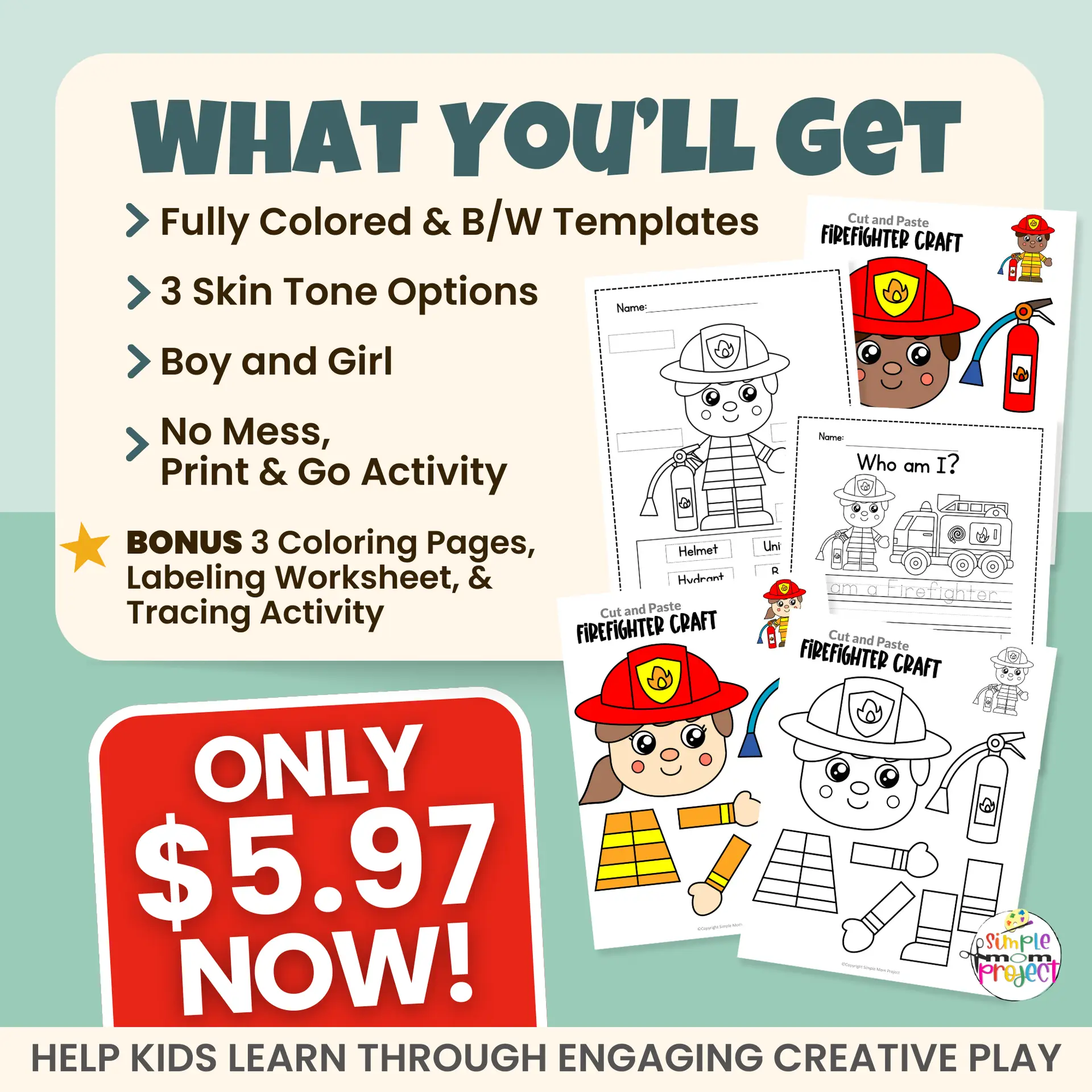 This firefighter craft for kids is perfect for preschool, kindergarten, and early elementary classrooms. Kids assemble a firefighter while practicing fine motor skills. Bonus tracing worksheet, labeling activity, and coloring pages included FREE. Great for Fire Safety Week or community helper units.