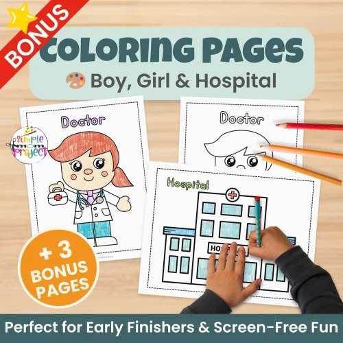 Need a simple health theme craft? This doctor cut & paste activity helps kids learn about doctors while building scissor skills and fine motor strength. Includes bonus worksheets and coloring pages — no prep required!