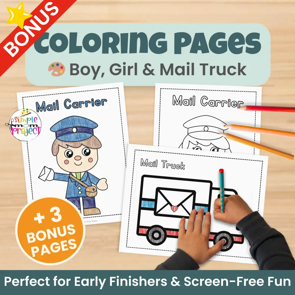 This mail carrier craft for kids is ideal for preschool, kindergarten, and early elementary learners. Children assemble a mail carrier while strengthening fine motor skills. Includes FREE bonus tracing worksheet, labeling activity, and coloring pages for extended learning.