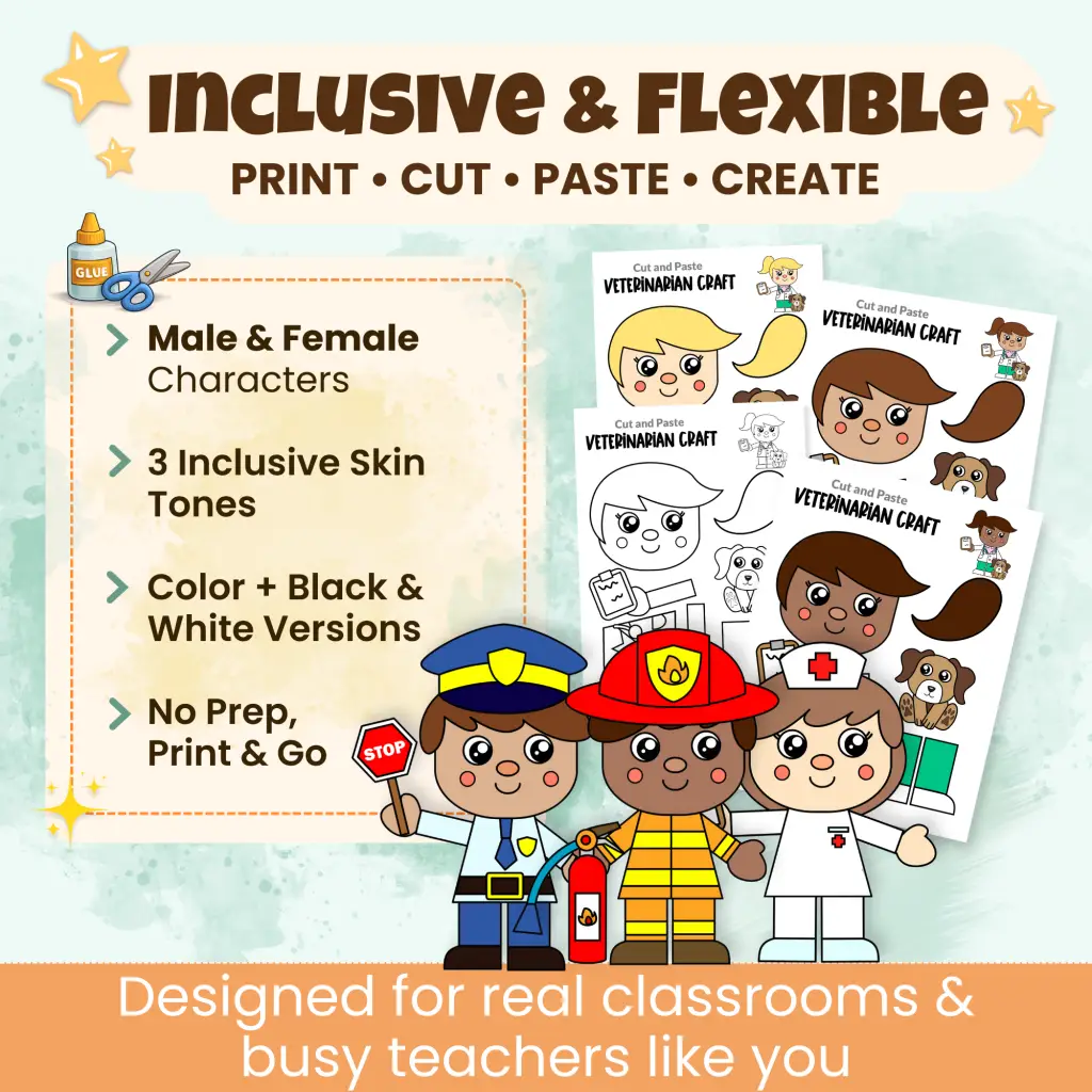 Inclusive community helper characters with three skin tones and male and female options