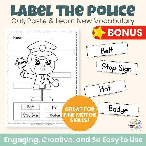Teach kids about helpers in their community with this printable police officer craft. Hands-on activity includes cut & paste craft plus FREE bonus coloring pages, tracing practice, and labeling pages. Perfect for preschool, kindergarten, and homeschool learning.