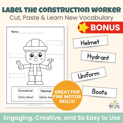 Teach kids about helpers in their community with this printable construction worker craft. Hands-on activity includes a cut & paste craft plus FREE bonus coloring pages, tracing practice, and labeling pages. Perfect for preschool, kindergarten, and homeschool use.