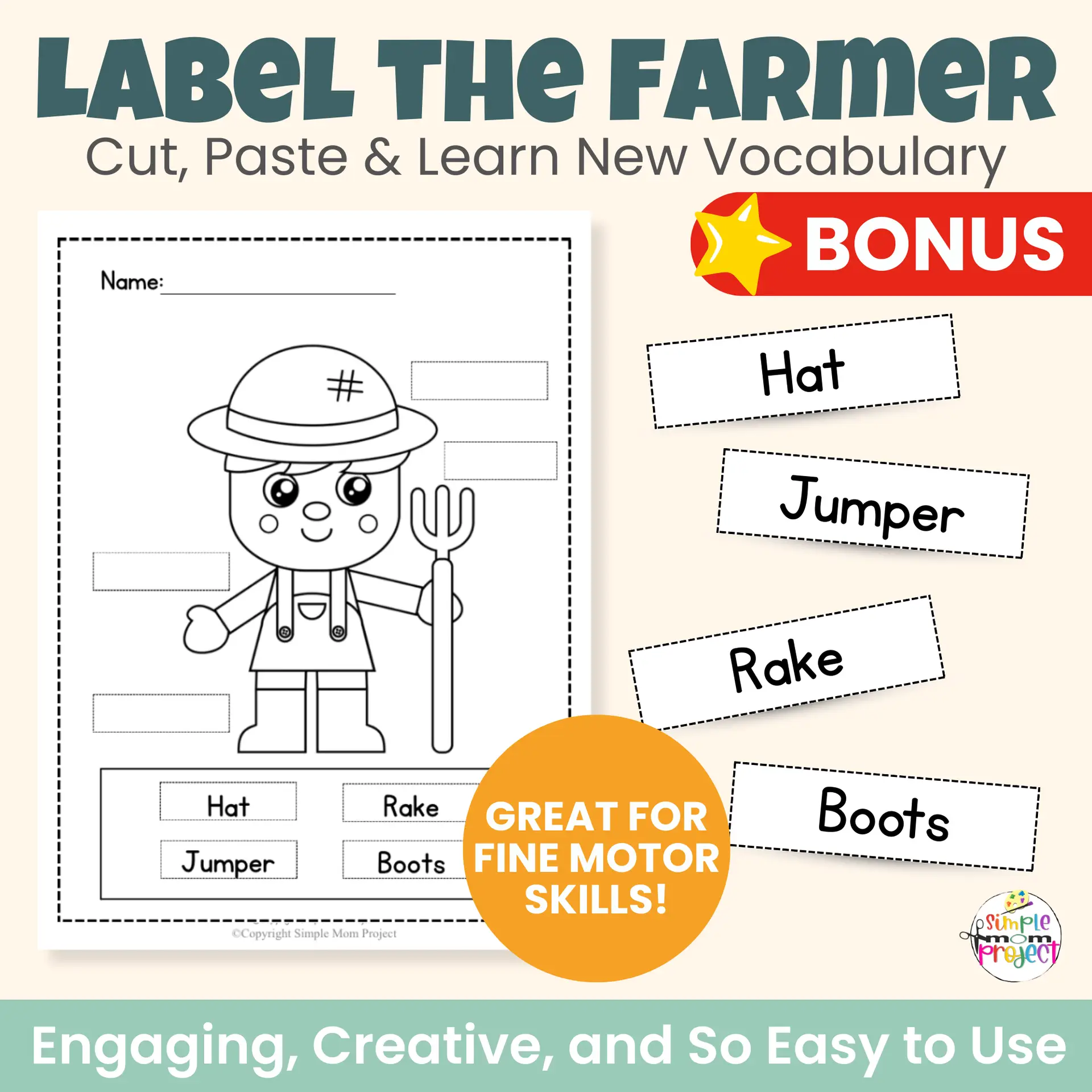 Teach kids about farm helpers with this printable farmer craft. Hands-on activity includes a cut & paste farmer plus FREE bonus coloring pages, tracing practice, and labeling pages. Perfect for preschool, kindergarten, and homeschool use.