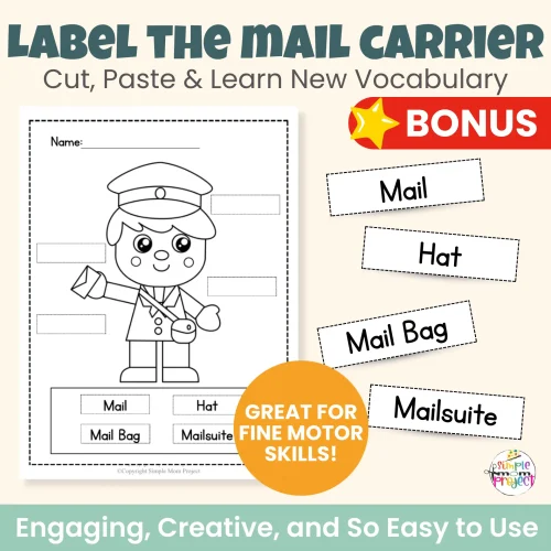 Add this mail carrier cut & paste activity to your community helper or neighborhood lessons. Easy print-and-go craft with bonus tracing and labeling worksheets that support early writing and vocabulary development. Great for centers and sub plans.
