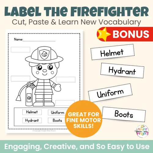 Teach kids about firefighters with this engaging printable firefighter community helper craft. Hands-on cutting and gluing activity with FREE bonus coloring pages, tracing practice, and labeling pages. Ideal for preschool, kindergarten, and homeschool units.
