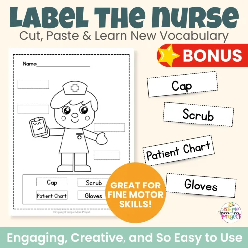 Teach kids about healthcare helpers with this printable nurse craft. Hands-on activity includes a cut & paste nurse plus FREE bonus coloring pages, tracing practice, and labeling pages. Perfect for preschool, kindergarten, and homeschool use.