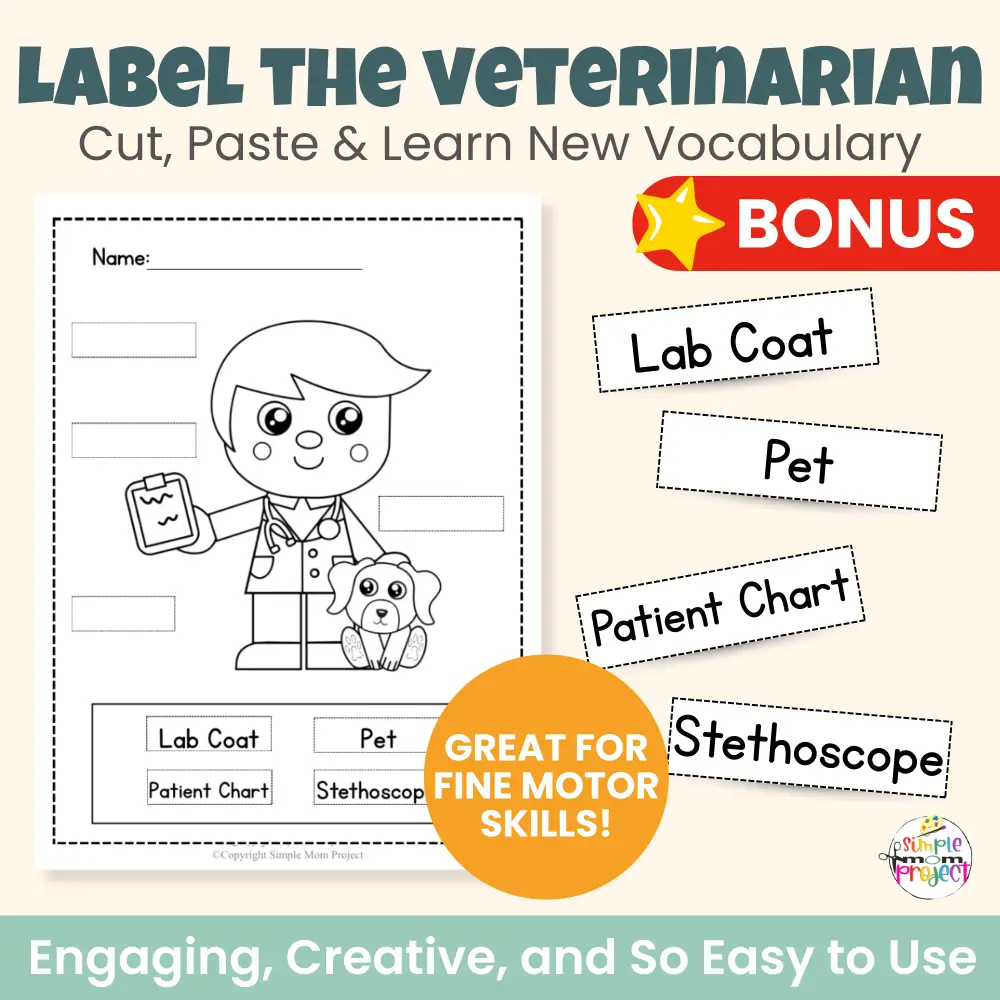 Teach kids about animal doctors with this veterinarian cut & paste craft. A hands-on activity for preschool and kindergarten that encourages creativity, fine motor skills, and learning through play.