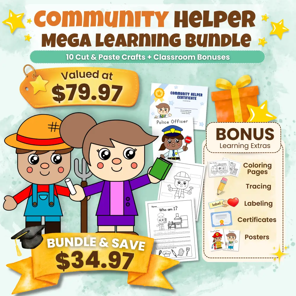 This Community Helper Mega Bundle features cut & paste crafts with bonus coloring pages, tracing, and labeling activities. A fun, engaging resource for early learners.