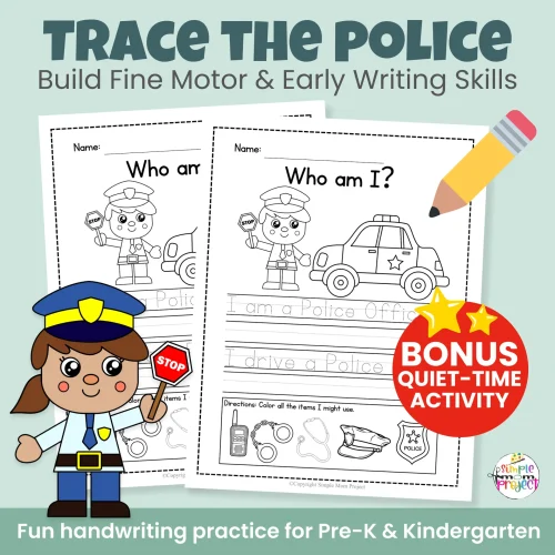 Need a simple safety unit craft? This police officer cut & paste activity helps kids learn about police officers while building scissor skills and fine motor strength. Includes bonus worksheets and coloring pages — no prep required!