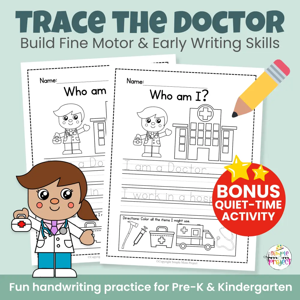 Make community helper lessons fun with this doctor cut & paste craft for kids. Designed for early learners and includes bonus tracing, labeling, and coloring pages. Easy, engaging, and perfect for print-and-go classroom or homeschool activities.